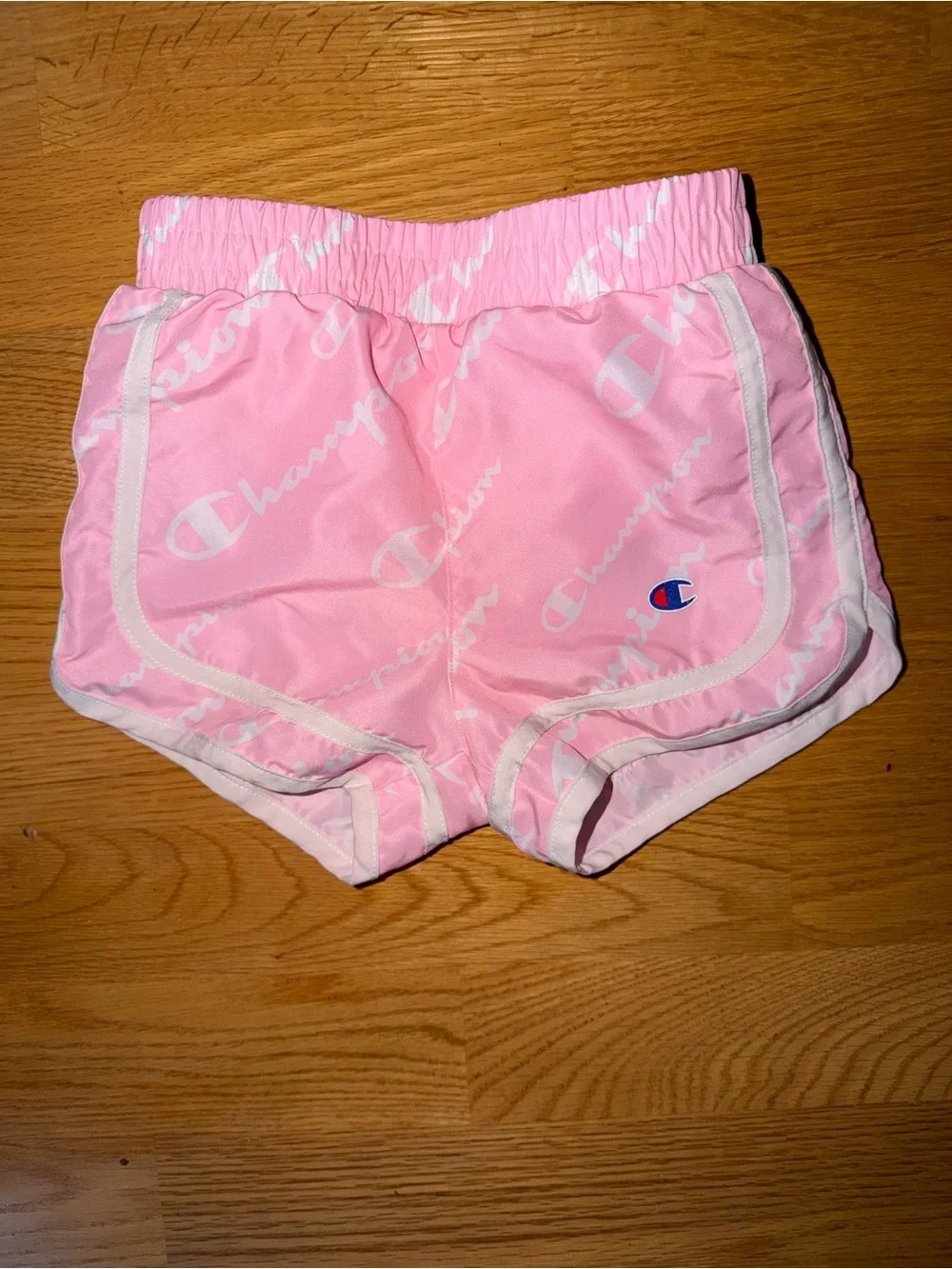 Champion Pink Logo Print Athletic Shorts with White Trim